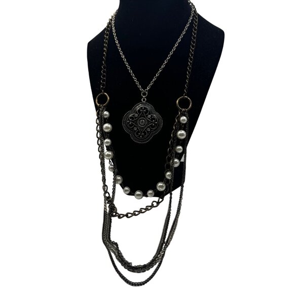 Multi-Layer Pendant Necklace With Faux Pearls & Metal Chains - Picture 1 of 7